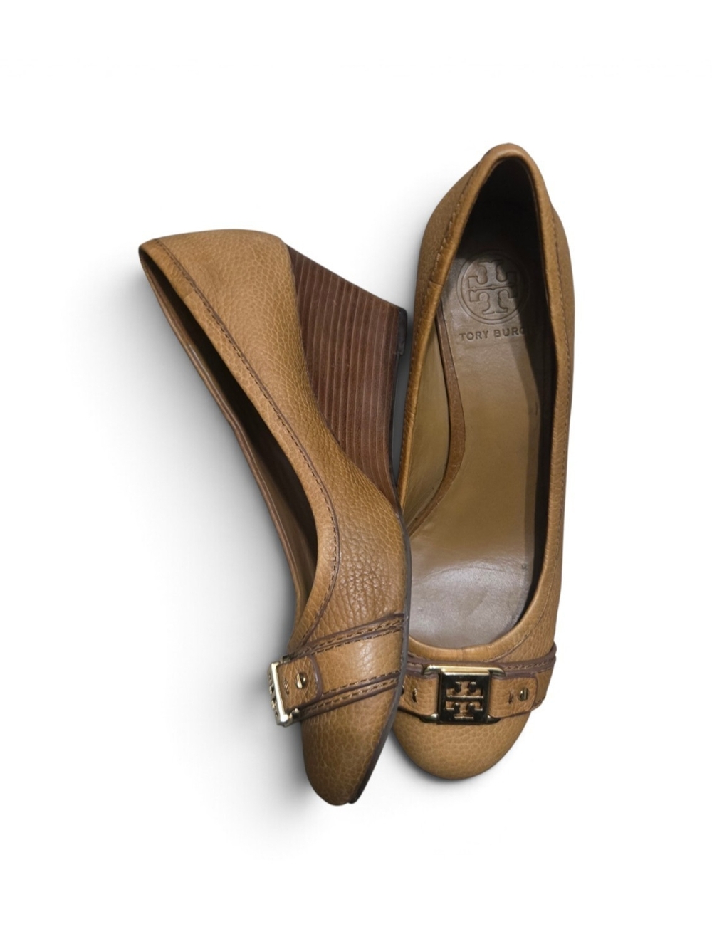 Tory Burch Cognac Leather Wedge Pumps with Logo Buckle